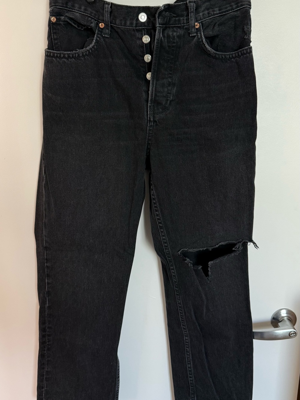 Topshop Black Straight-Leg Jeans with Distressed Knee and Button Fly